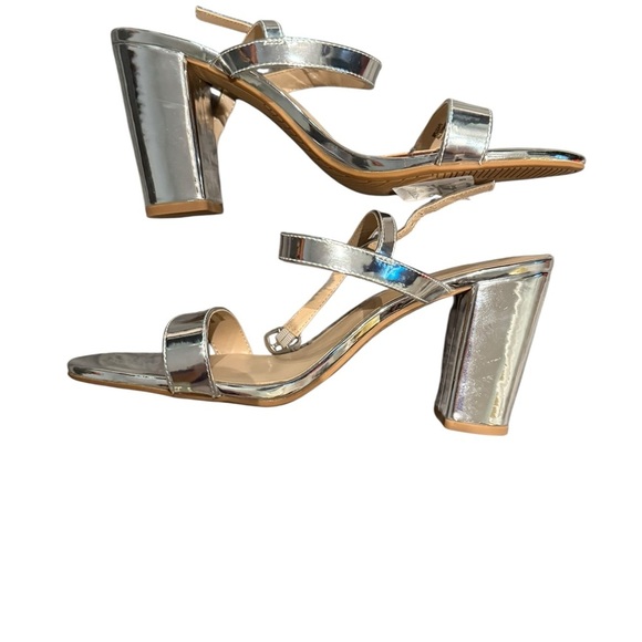 BP Silver Block Heel Heels with Ankle Strap - Picture 1 of 6